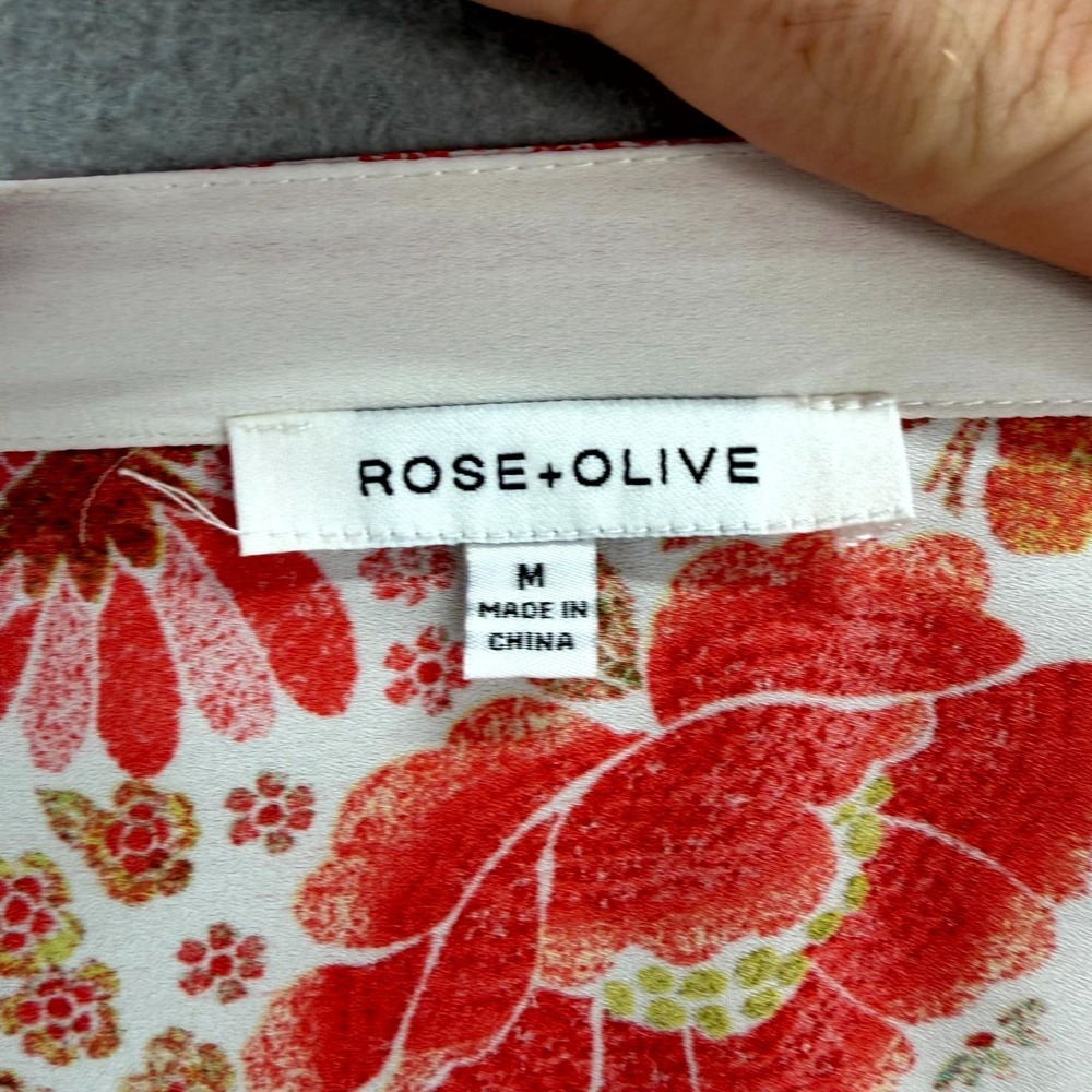 Rose & Olive Tunic Top Women's Medium White Floral Dolman Sleeve Double V-Neck - Picture 9 of 11